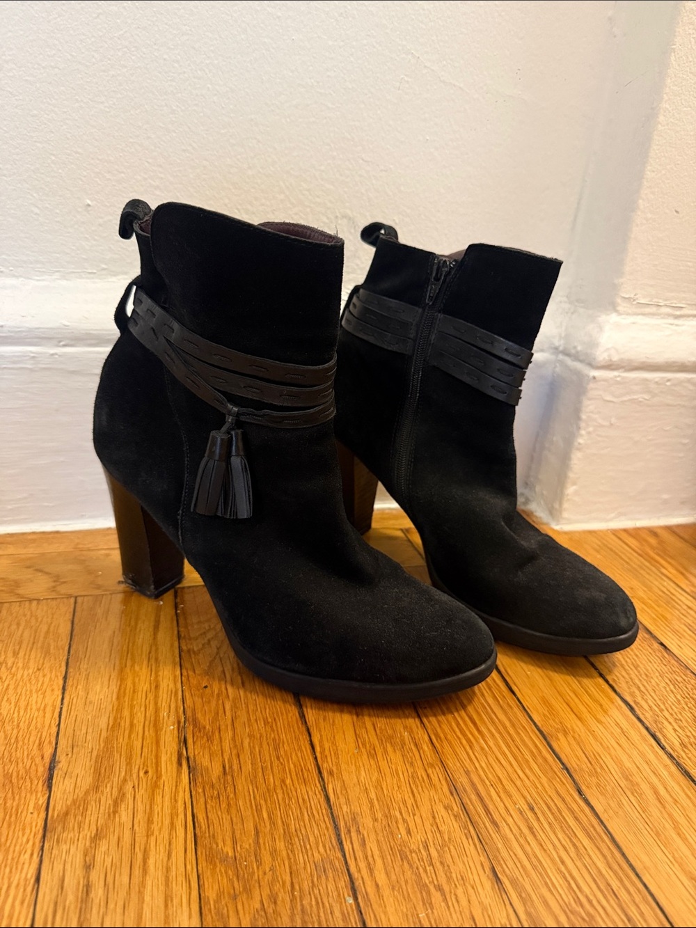 Black Suede Ankle Booties with Tassel Detail